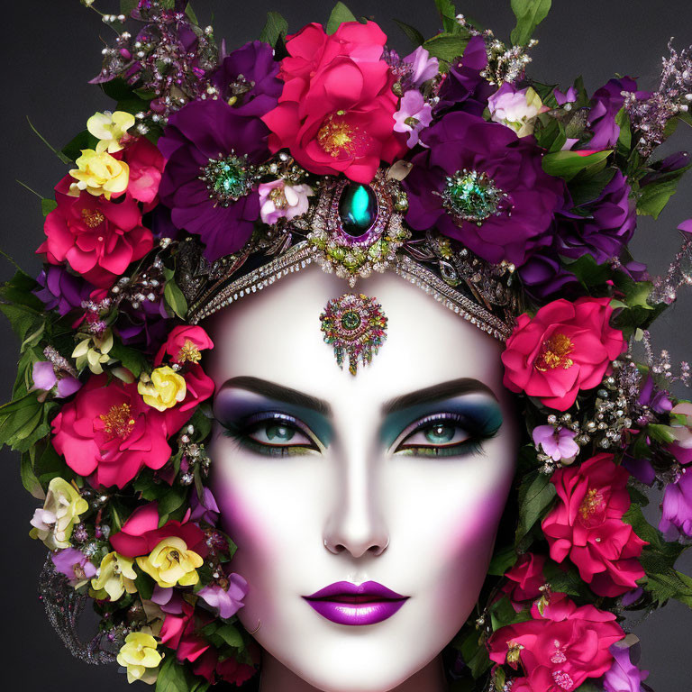 Colorful Floral Headpiece and Striking Makeup on Person against Grey Background