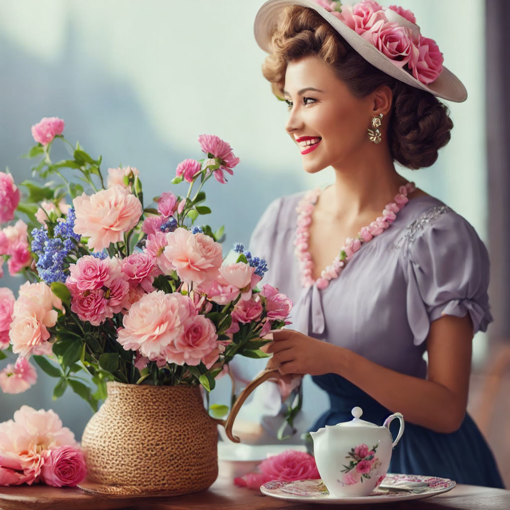 Retro-styled woman with pink hat near pink peonies, teapot, and cup