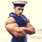 Muscular Man in Police Costume Flexing Arms on Pale Background