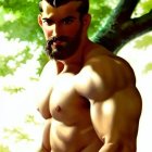 Muscular man with beard and stylized hair in forest with sunlight.