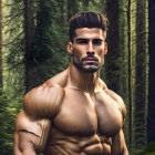 Muscular Man with Styled Beard in Forest Scene Illustration