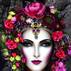 Colorful Floral Headpiece and Striking Makeup on Person against Grey Background