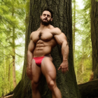 Muscular Man in Red Shorts Poses in Green Forest