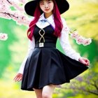 Person in Witch Costume Poses Among Pink Blossoms in Black Dress