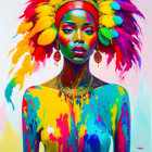 Colorful portrait of person with feather headdress and face paint