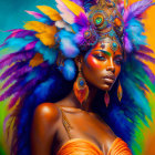 Vibrant feathered headdress and intricate makeup on woman with golden accessories