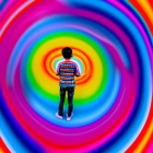 Child in Colorful Striped Jacket Approaches Rainbow Vortex