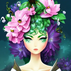 Fantastical female character with vibrant purple hair and floral adornments on deep teal background