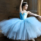 Blue tutu ballet dancer poses gracefully by window with warm light