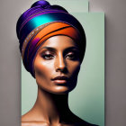 Colorful turban and striking makeup on woman in portrait against dual-tone background