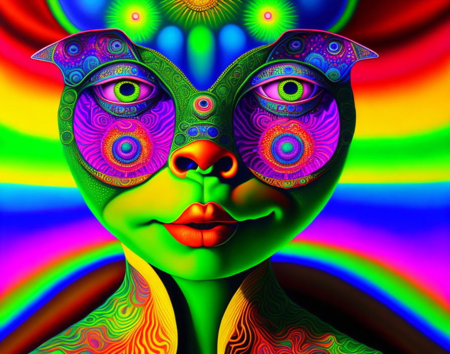 Colorful digital face art with circular eyes and cat-like nose on rainbow background