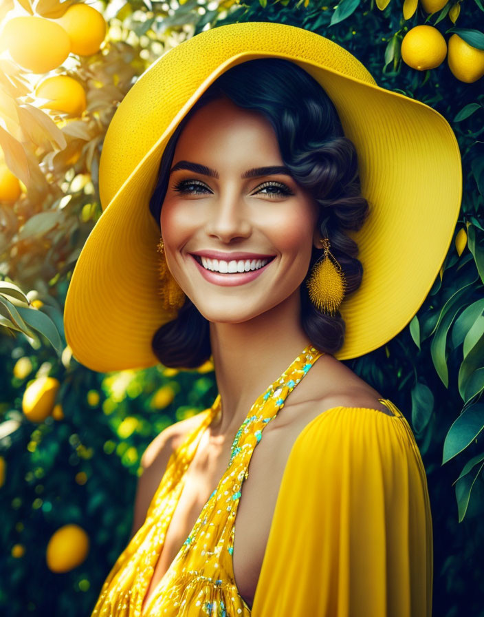 Smiling woman in yellow hat and dress surrounded by lush greenery and lemons.