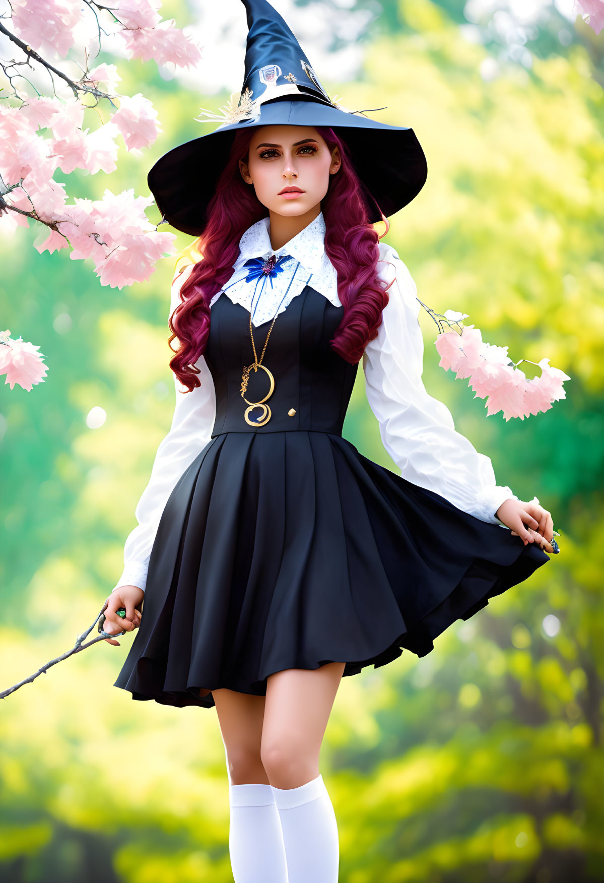 Person in Witch Costume Poses Among Pink Blossoms in Black Dress