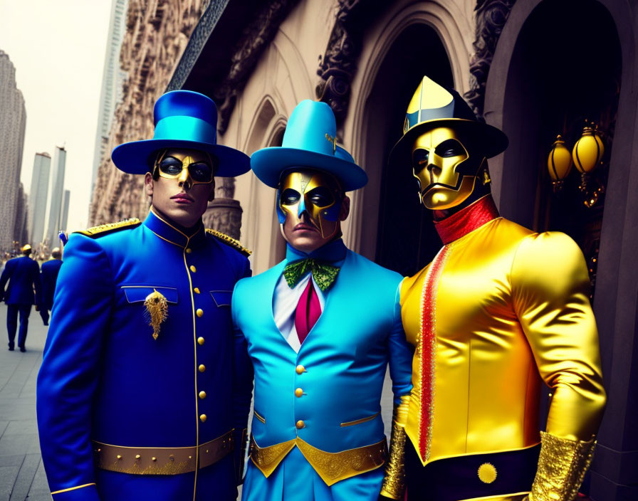 Three individuals in vibrant theatrical costumes with masks and top hats posing on city street