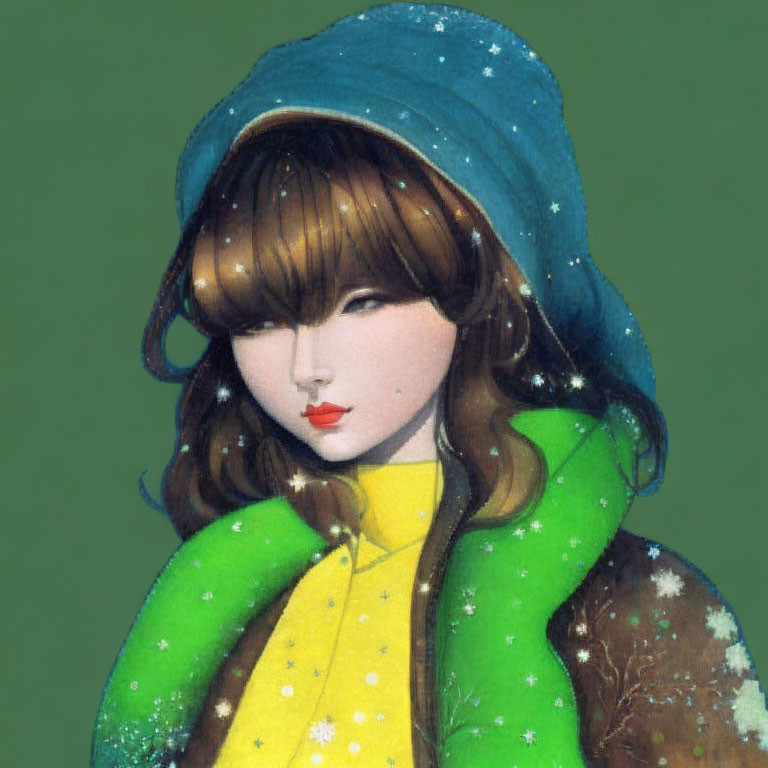 Woman in Blue Hat with Bangs in Yellow Top and Green Scarf on Snowflake Background