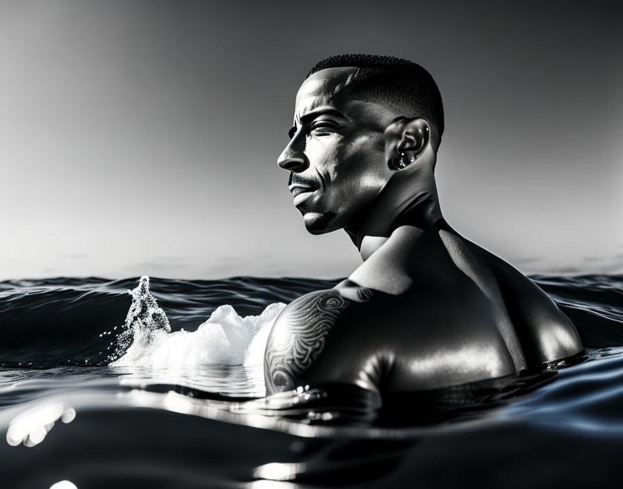 Monochrome image: Man with shoulder tattoo in water