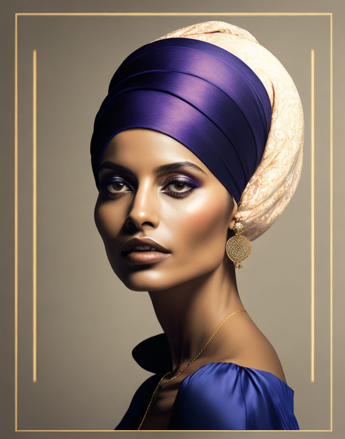 Striking woman in blue and gold headwrap and earrings on beige backdrop