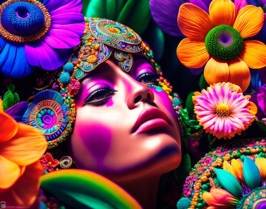 Colorful Portrait with Floral Patterns and Jewels