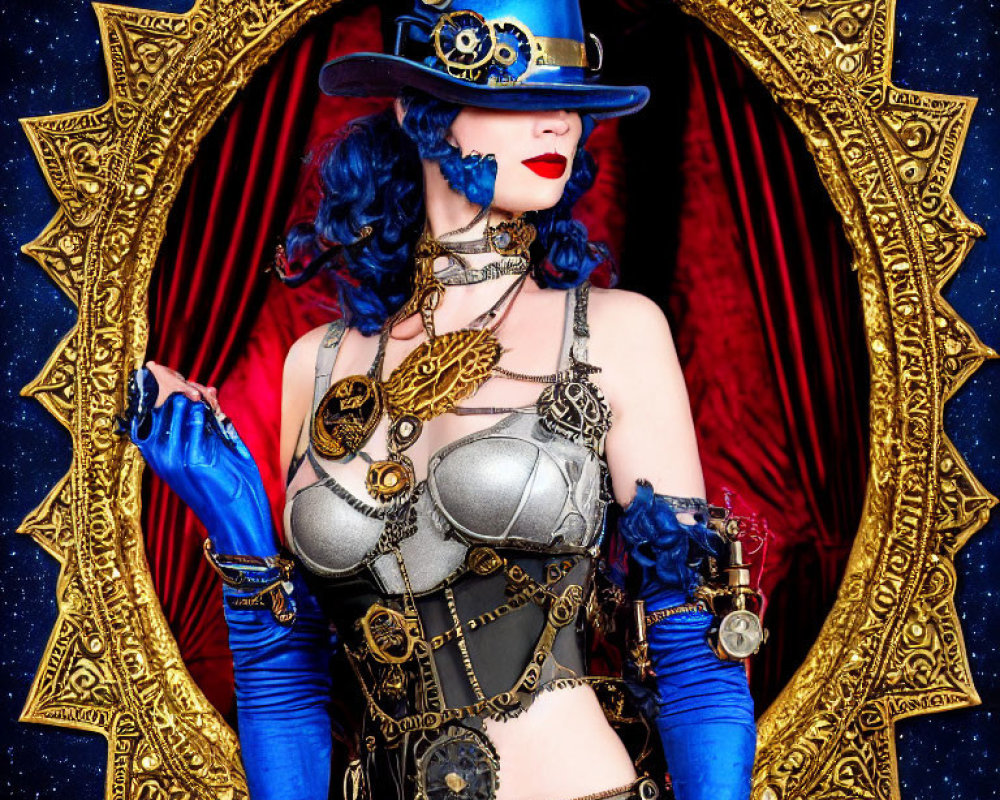 Steampunk woman in blue attire with hat and goggles in ornate golden mirror.