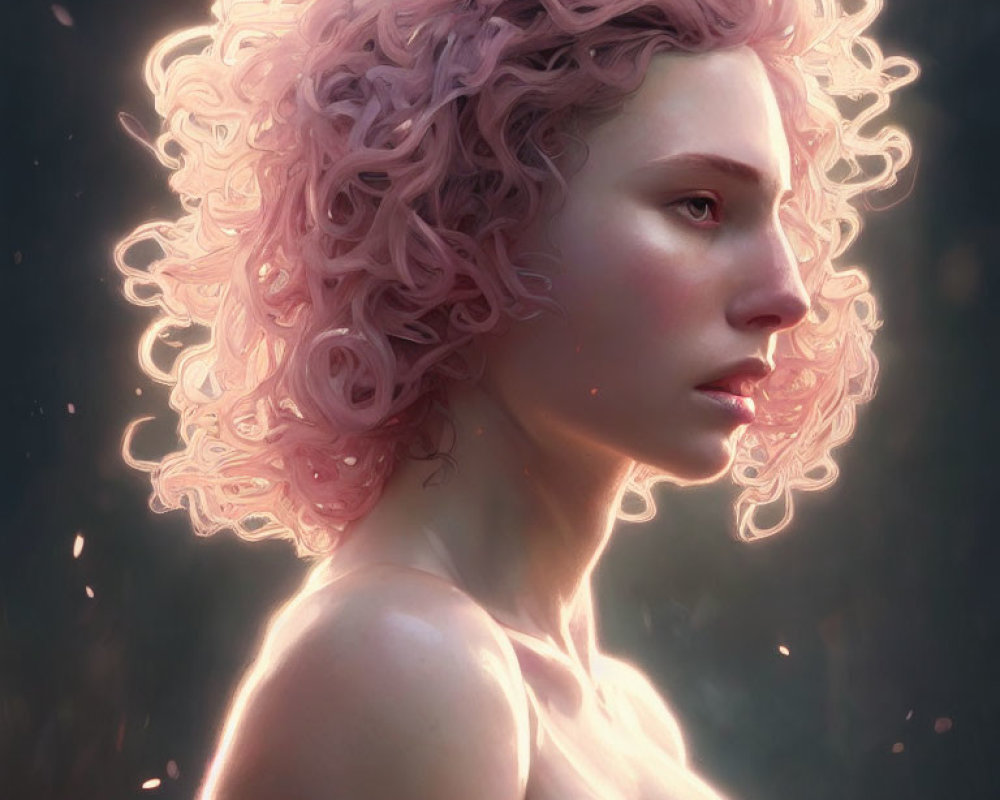 Digital artwork: Woman with curly pink hair in soft backlighting