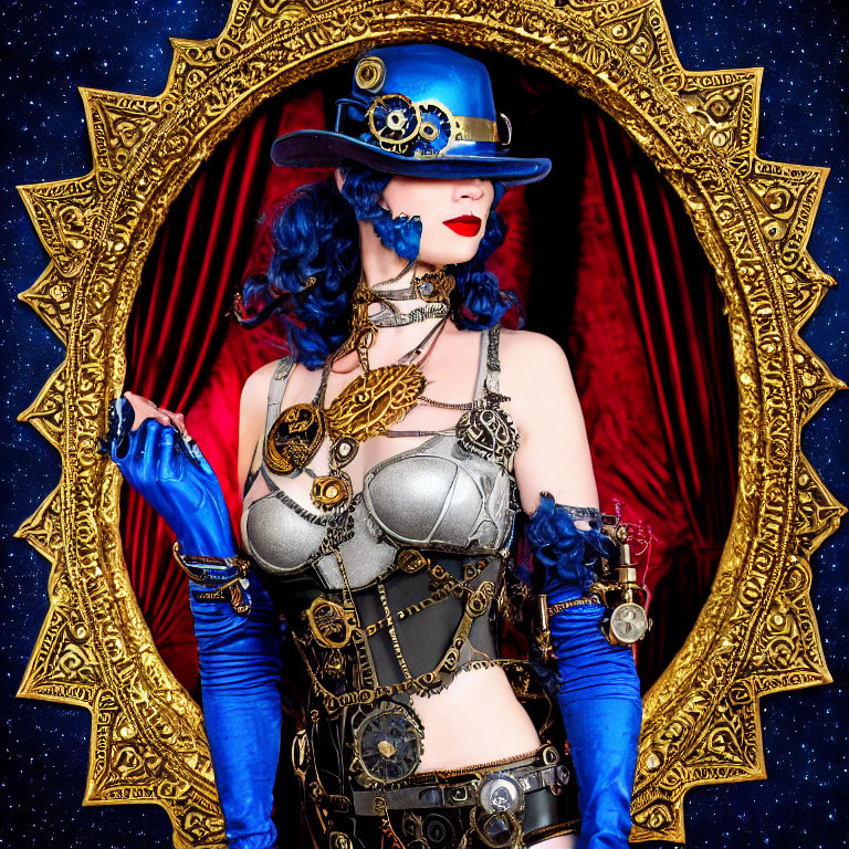 Steampunk woman in blue attire with hat and goggles in ornate golden mirror.