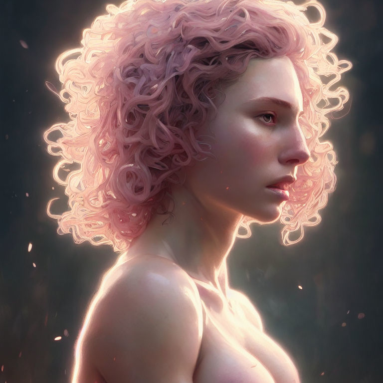 Digital artwork: Woman with curly pink hair in soft backlighting