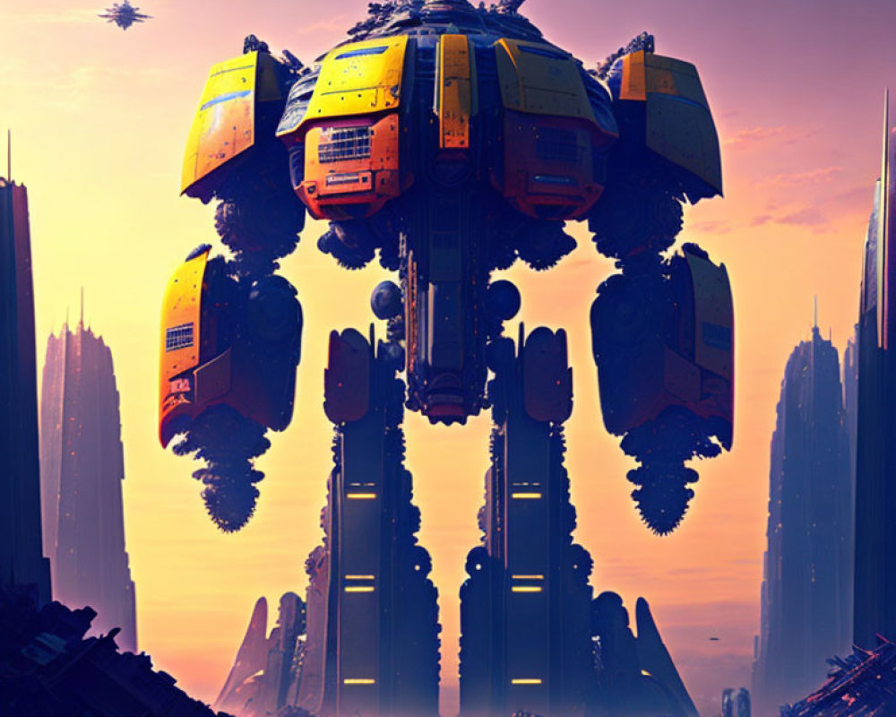 Giant Yellow and Blue Mech in Futuristic Cityscape at Dawn