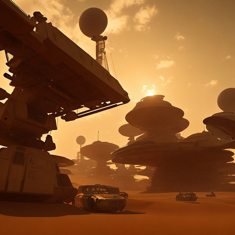 Futuristic vehicles on alien world with towering structures