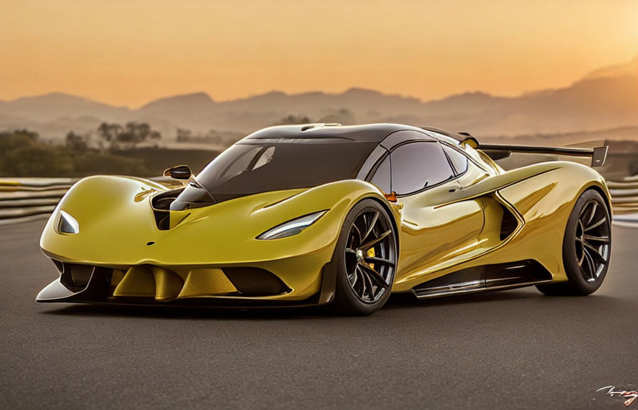 Yellow Sports Car Parked on Asphalt Road at Sunset with Hills in Background