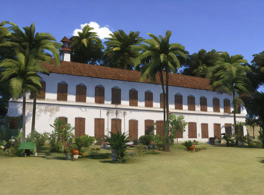 Two-story colonial white building with brown shutters, palm trees, and green lawn under a blue sky