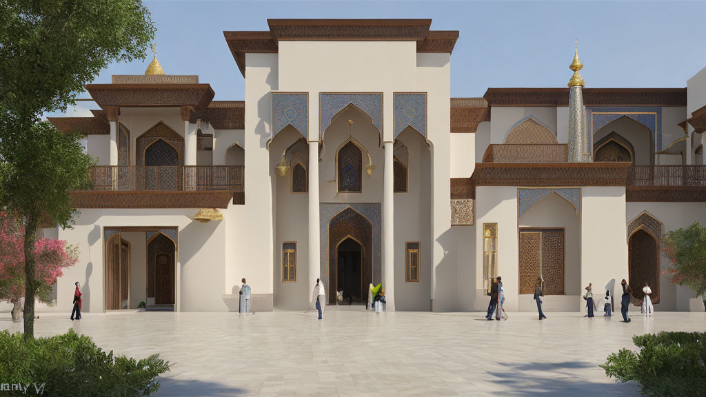 Islamic architecture with arched doorways, ornate windows, and domes in a courtyard setting.