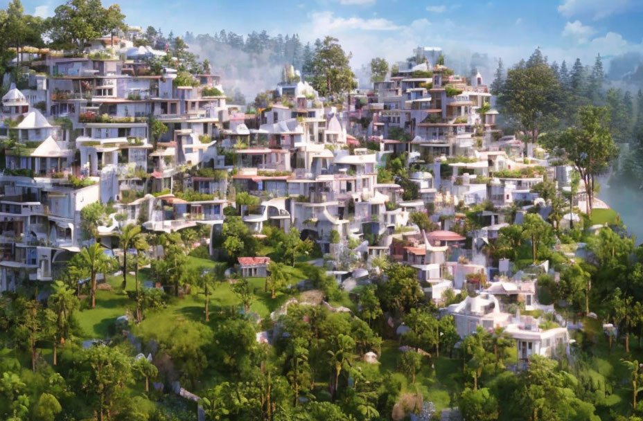 Futuristic terraced city with white multi-level buildings and greenery