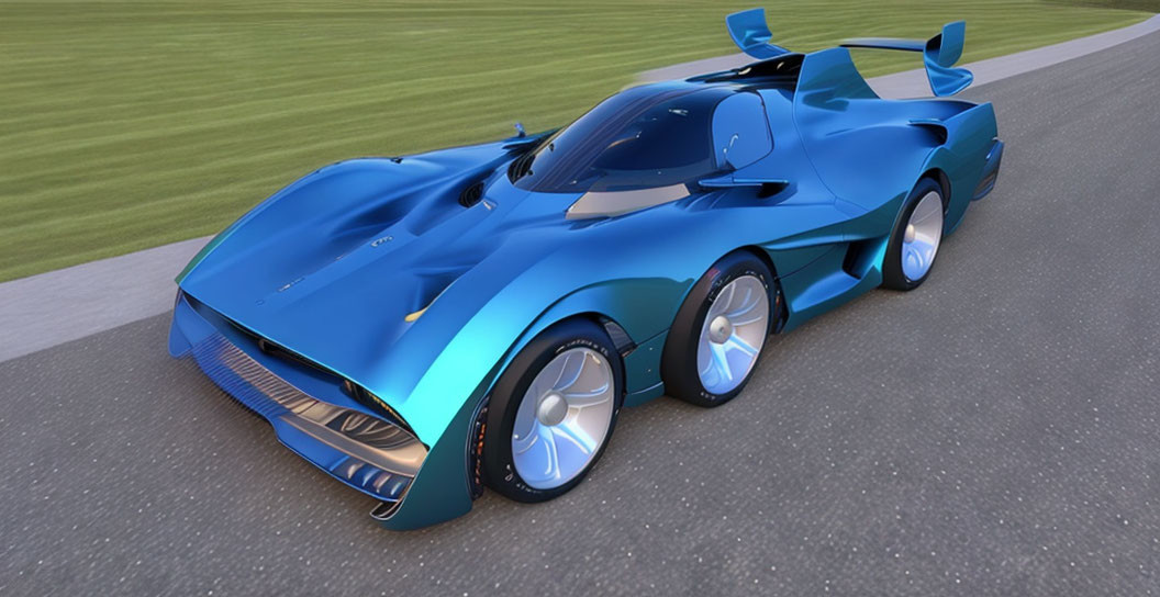 Blue Futuristic Sports Car with Aerodynamic Design on Asphalt Road