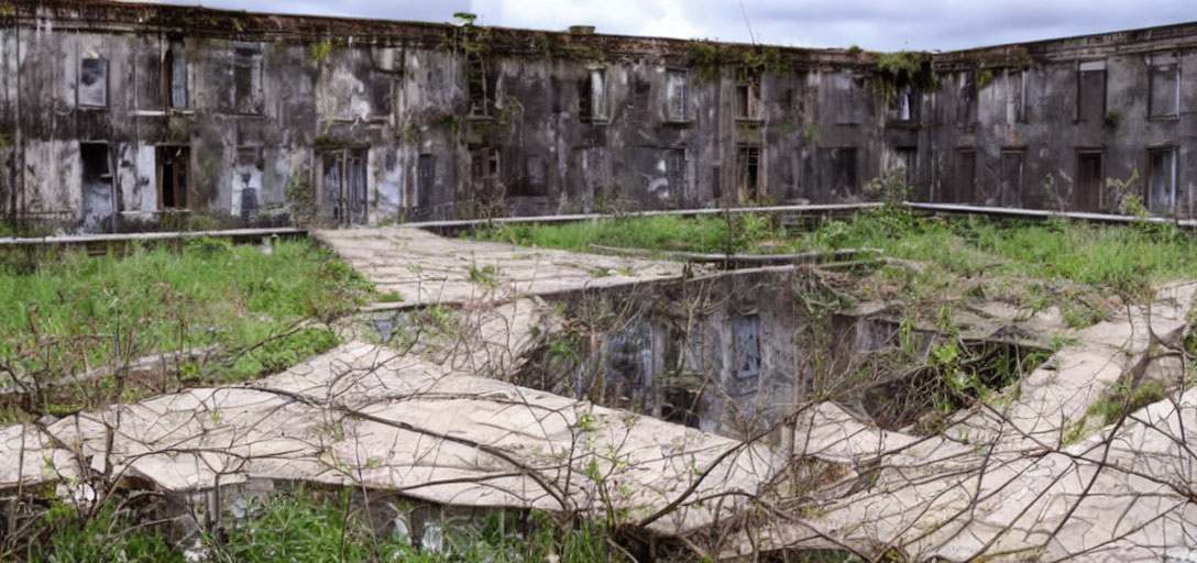 Abandoned building ruins with broken concrete and overgrown grass