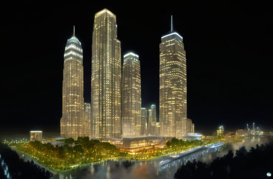 Nighttime cityscape with misty park and illuminated skyscrapers