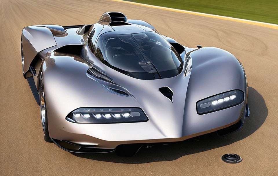 Silver High-Performance Hypercar with Slim Headlights Speeding