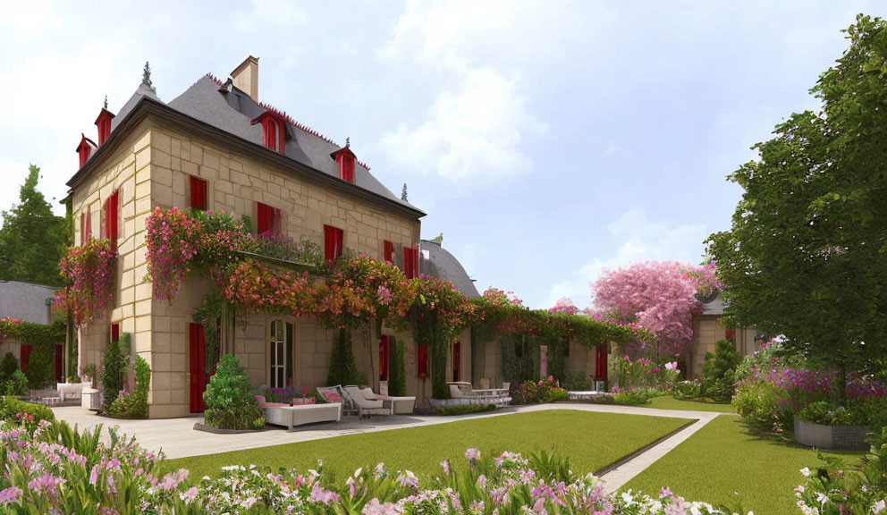 Charming two-story house with red shutters and pink flowers in a garden landscape