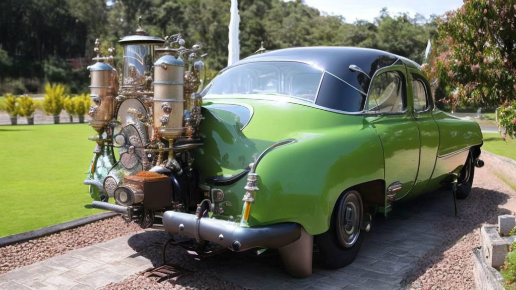 Vintage Green Steampunk-Designed Car on Cobblestone Path