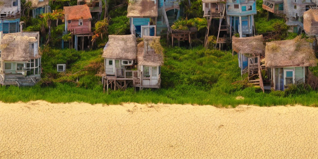 Thatched Roof Rustic Wooden Beach Huts on Hillside