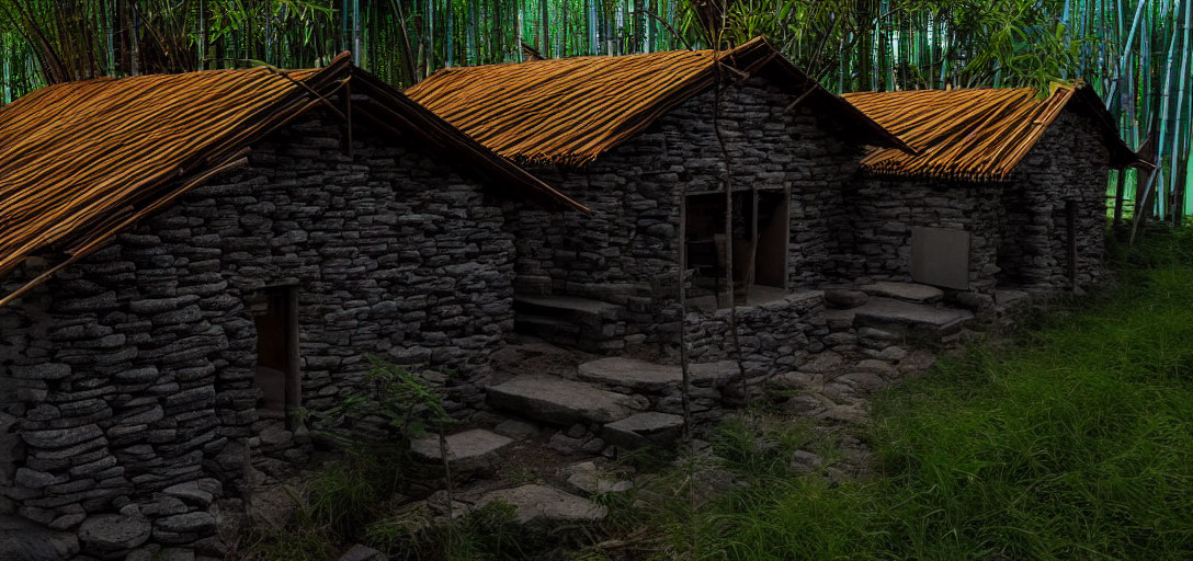 Rustic stone houses with thatched roofs in a bamboo setting