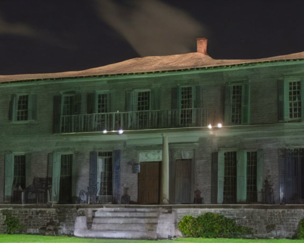 Two-story historic building at night with illuminated windows and grand staircase