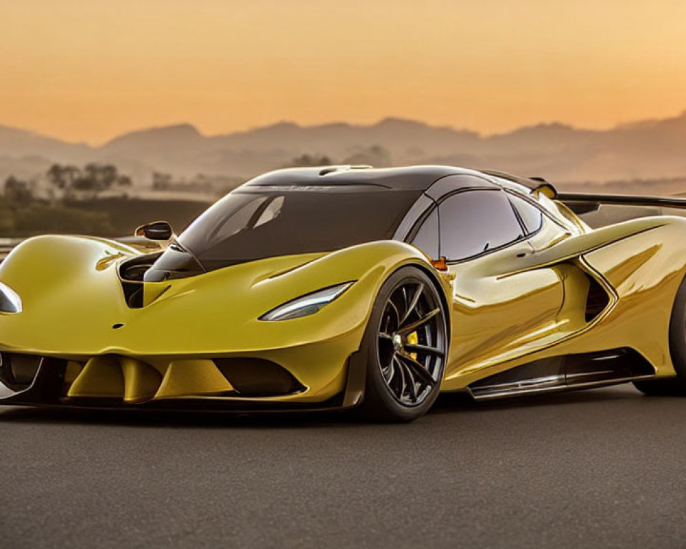 Yellow Sports Car Parked on Asphalt Road at Sunset with Hills in Background