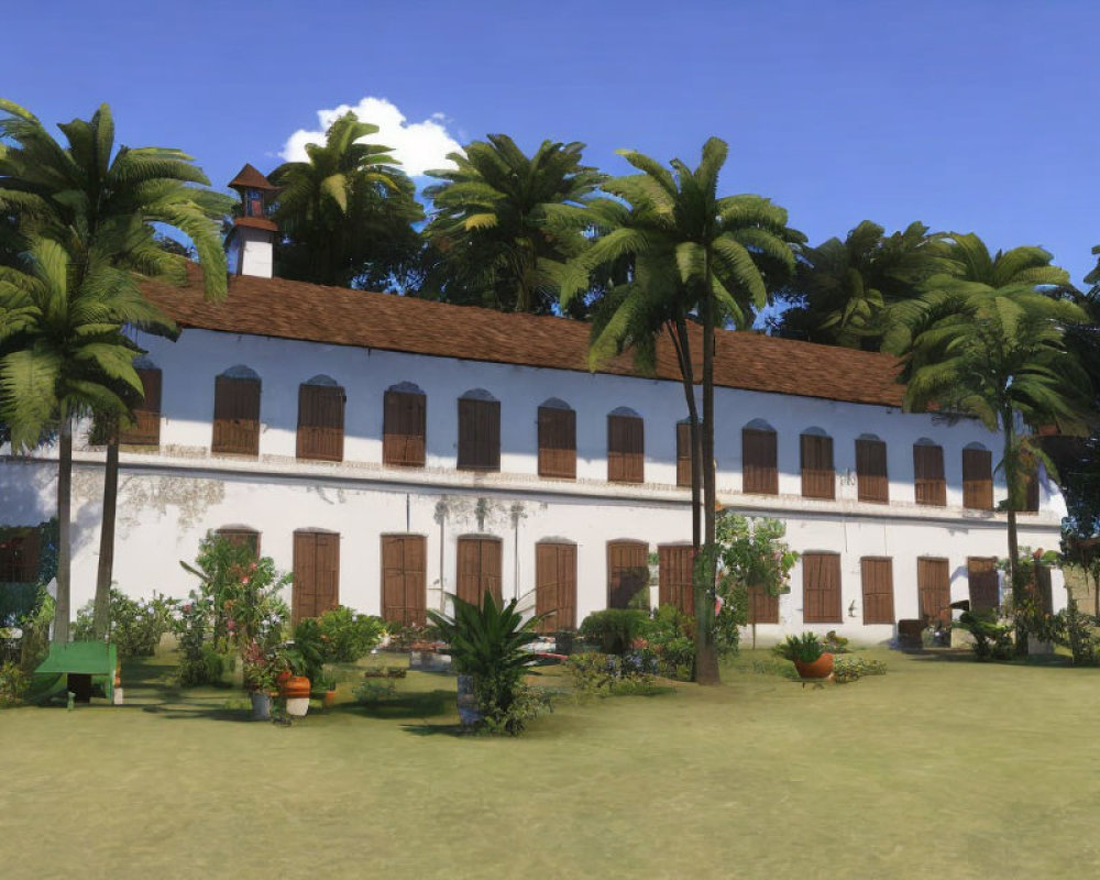 Two-story colonial white building with brown shutters, palm trees, and green lawn under a blue sky