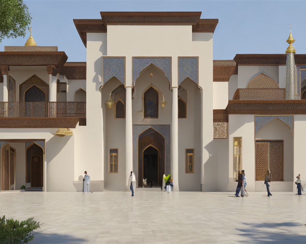 Islamic architecture with arched doorways, ornate windows, and domes in a courtyard setting.