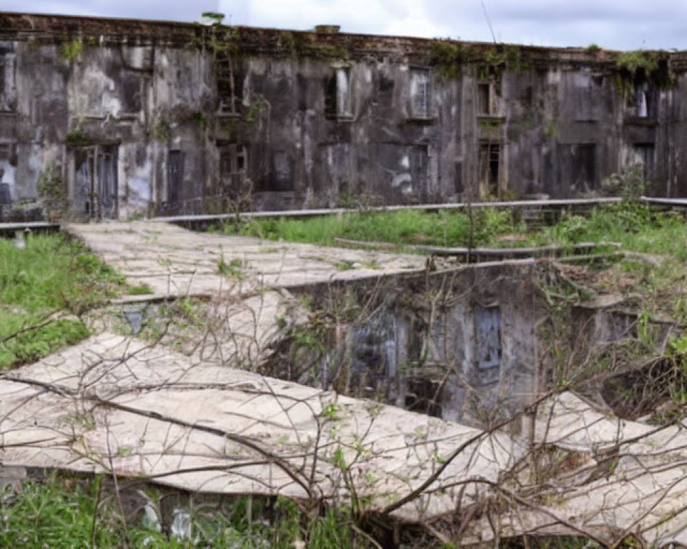 Abandoned building ruins with broken concrete and overgrown grass