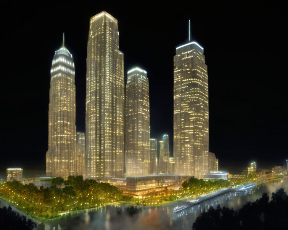 Nighttime cityscape with misty park and illuminated skyscrapers