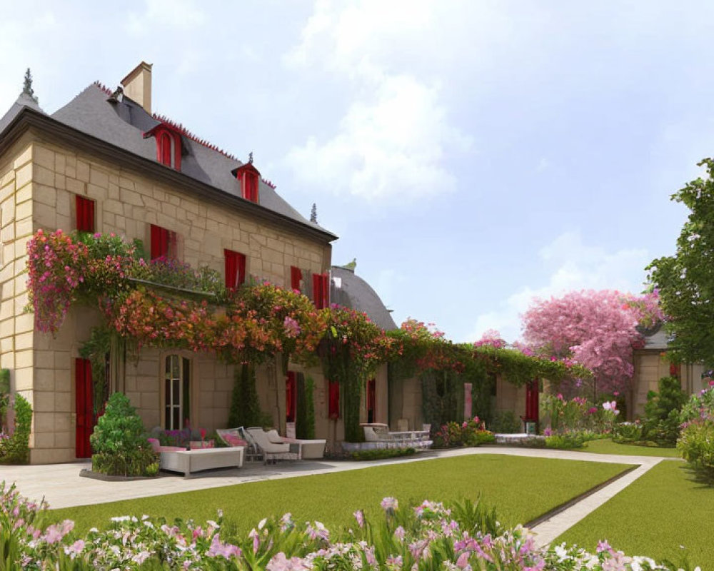 Charming two-story house with red shutters and pink flowers in a garden landscape