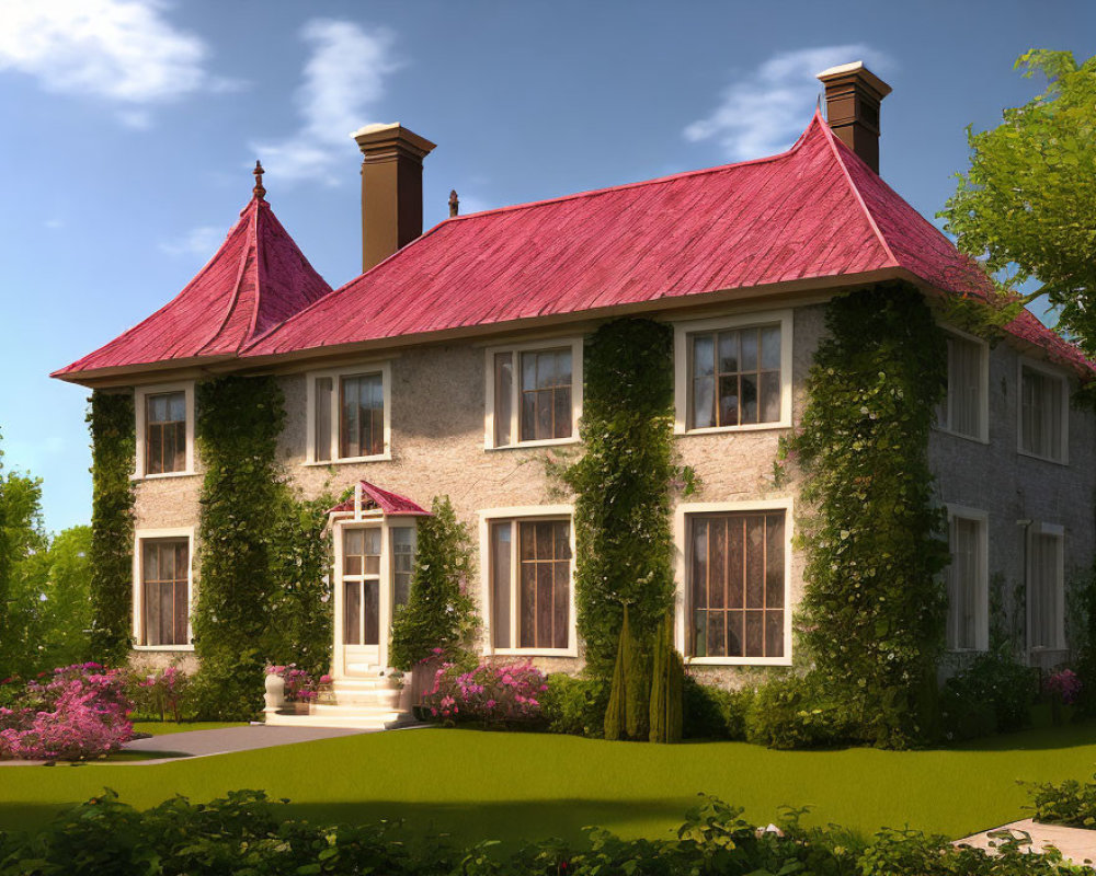 Pink-roofed two-story house with ivy, lush greenery, and blooming pink bushes