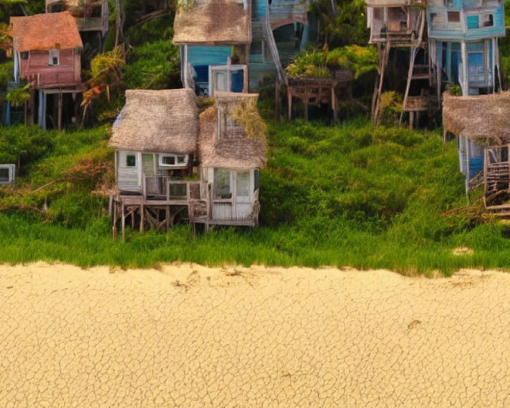 Thatched Roof Rustic Wooden Beach Huts on Hillside