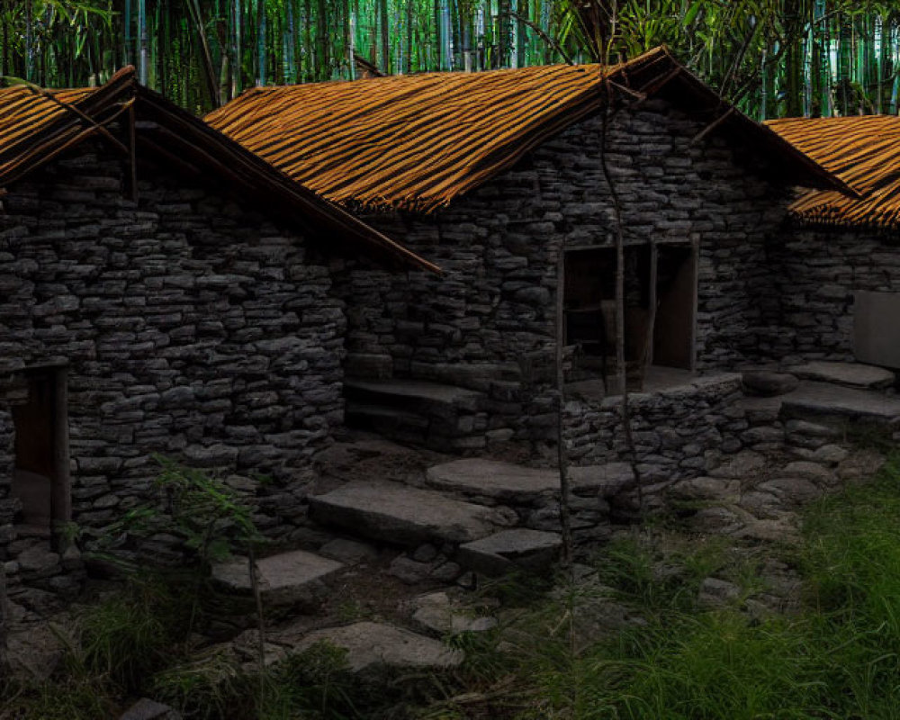 Rustic stone houses with thatched roofs in a bamboo setting